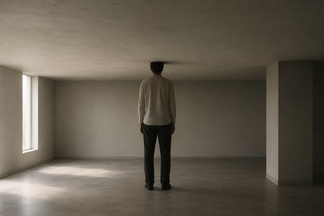 A figure stands in a sparse room with a ceiling pressing unusually low above their head, looking forward as if unaware of the compression around them.