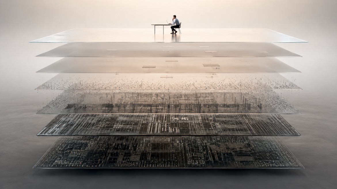A person interacts with the top layer of a complex, transparent system while the code layer beneath fades from view, representing the shift toward higher levels of abstraction in agentic coding.