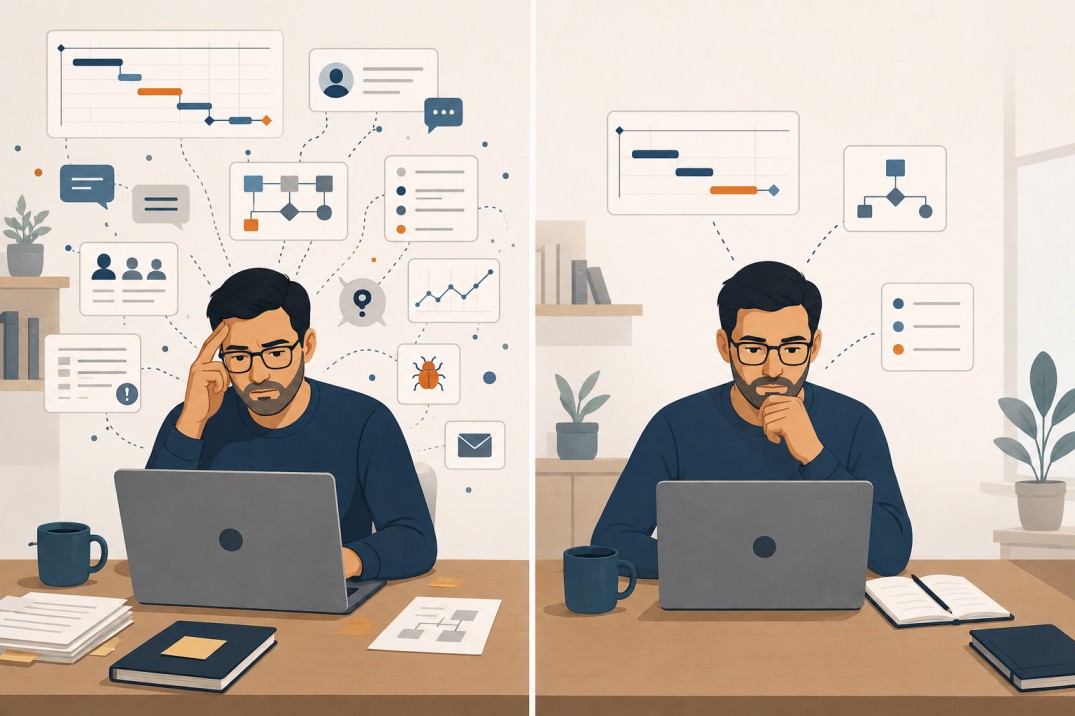 A split-screen illustration of an engineering leader at a laptop, overwhelmed by competing priorities on the left and calmly focused on a few key priorities on the right.