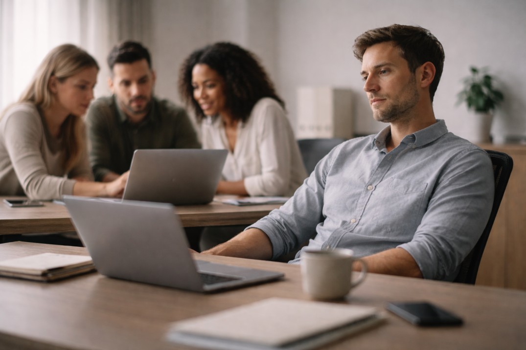A team working together in a modern office while one person sits slightly disengaged, creating a subtle sense of imbalance.