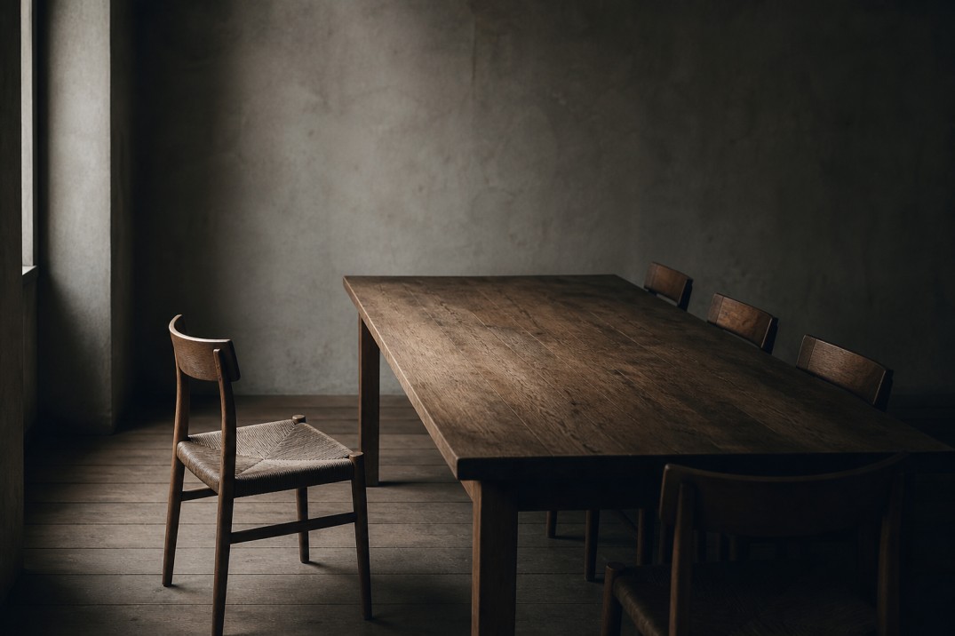 A lone chair pulled back from a long wooden table in a dimly lit room, with soft light falling across the surface and one end left in shadow.