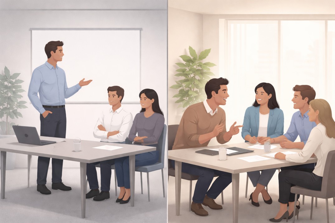 Comparison of command-driven and collaborative team meetings, highlighting passive versus engaged participation.
