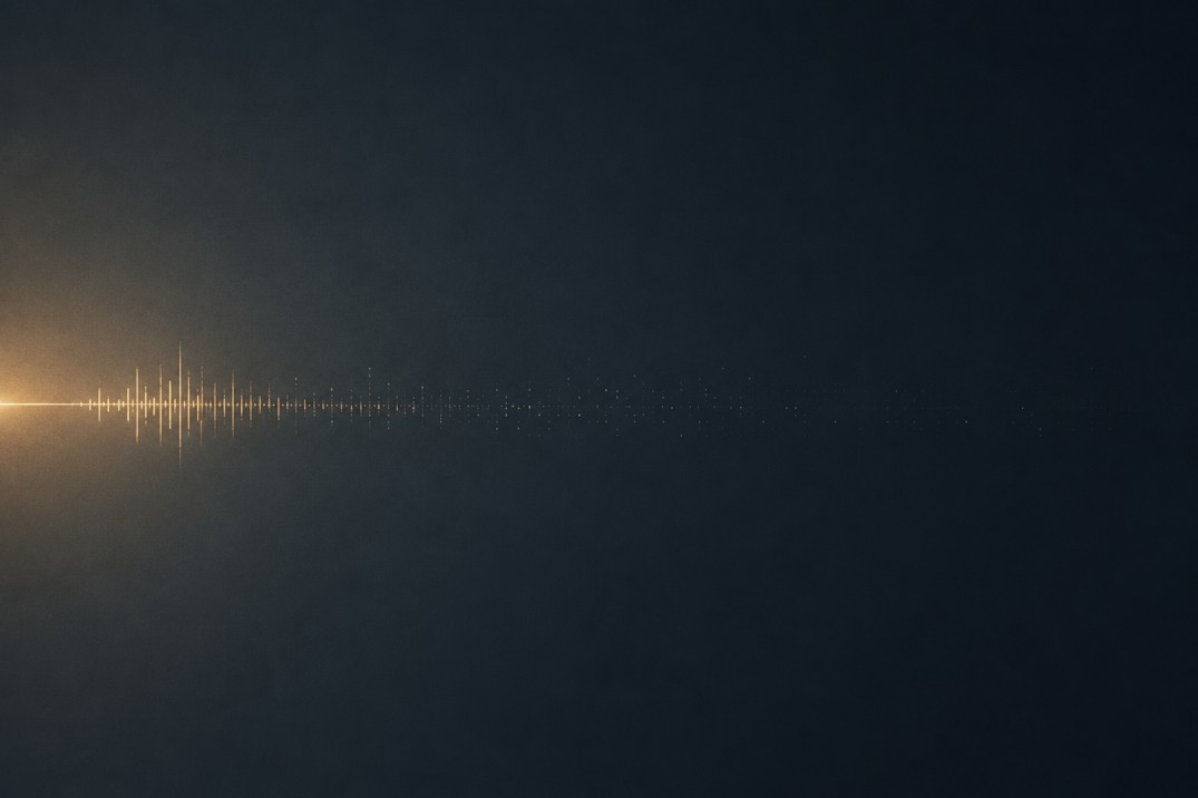 A faint signal traveling across empty space, fading before it arrives -- illustrating how information loses urgency as it travels up through layers of distance.