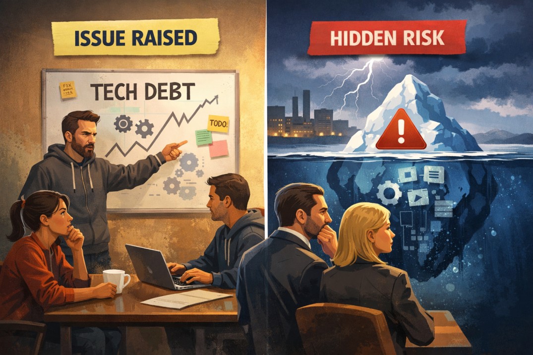 Developer pointing at a warning symbol over a complex codebase, representing unseen risk accumulation.