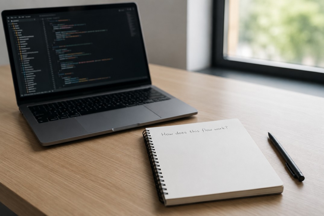 A developer's notebook with an unanswered question beside a laptop displaying code, symbolizing the gap between generated code and genuine understanding.
